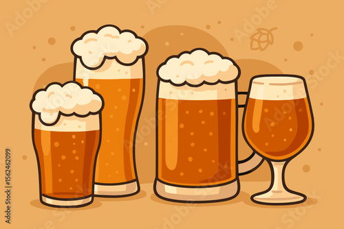 Collection of beer glasses with fresh draught ale. Set of pint, mug, and snifter with foamy head. Vector cartoon illustration for pub menu, craft brewery, or Oktoberfest celebration.