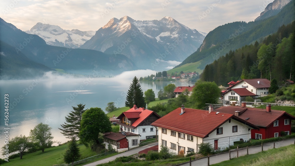 Fototapeta premium Alpine Village In The Alps With Lake, Ai Generated