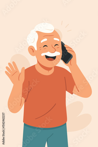 Happy carefree old man talking on the phone and waving. Cheerful grandfather using smartphone for communication. Active senior lifestyle concept. Modern flat vector cartoon illustration.