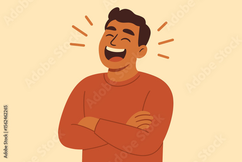 Happy laughing man with a joyful expression and wide smile. Cheerful young male character with crossed arms expressing positive emotions. Modern flat vector cartoon illustration.