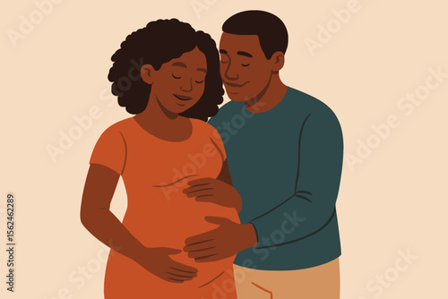 Happy loving pregnant black couple expecting a baby. Husband hugging his wife, both tenderly touching the belly. Concept of maternity, parenthood, new life. Modern flat vector cartoon illustration.