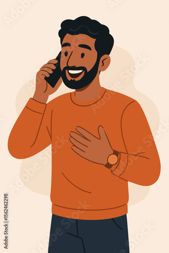 Smiling young bearded man having a pleasant phone call. Happy Indian male character talking on a smartphone. Positive communication technology concept. Modern vector illustration.