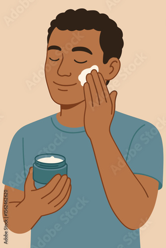 Young man applying facial moisturizer cream, daily skincare routine concept, healthy skin, self care, modern flat vector illustration, personal hygiene, beauty treatment, wellness lifestyle