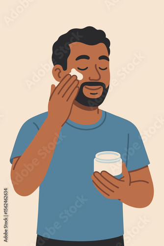 Multiethnic man applying facial moisturizer cream. Skincare routine. Male beauty self care. Modern flat vector illustration. Healthy skin, grooming, daily hygiene, personal care concept.
