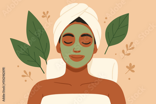 Spa wellness beauty treatment. African American woman relaxing at spa with towel wrap, natural leaves, self care, skincare, aromatherapy, relaxation, modern flat cartoon vector illustration