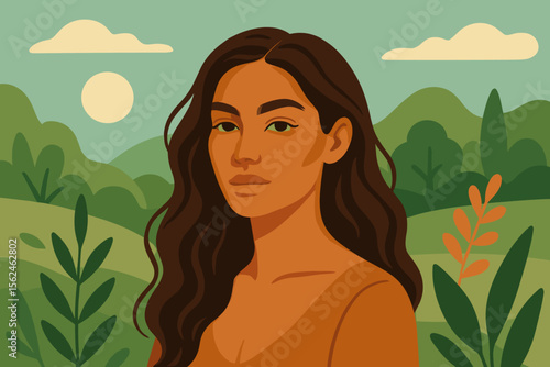 Modern flat vector illustration of a beautiful tanned woman with long wavy hair in nature, surrounded by green plants and hills, serene outdoor landscape, contemporary cartoon portrait art
