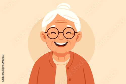 Cheerful elderly woman portrait. Senior grandmother with white hair bun, glasses, orange cardigan. Modern flat vector cartoon illustration. Happy old lady character. Retirement, family, aging concept