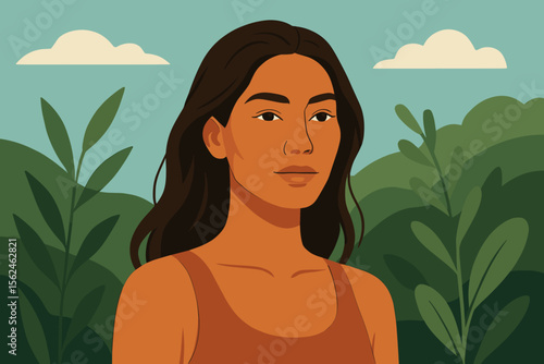 Modern flat vector illustration of confident tanned woman with natural makeup, long dark hair, outdoors in lush green nature, summer landscape, beauty, self-confidence, wellness, serenity