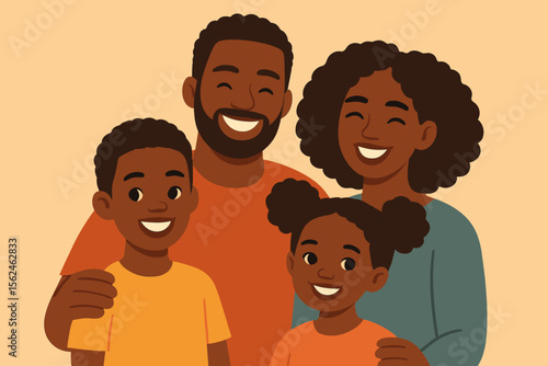 Happy African American Family Portrait with Son and Daughter. Modern Flat Vector Illustration of Parents and Children Together. Loving Black Family, Parenthood, Childhood, Diversity, Togetherness