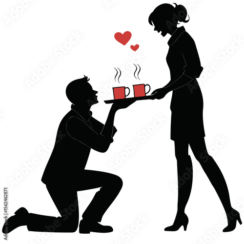 Romantic silhouette of a man on one knee receiving coffee service