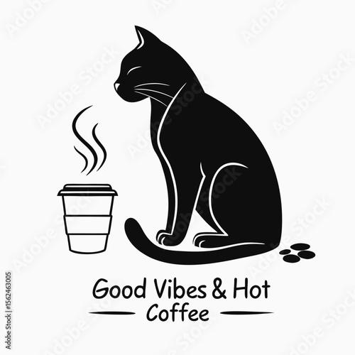 Black cat with coffee cup for good vibes and hot coffee design
