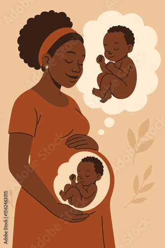 Pregnant African woman imagining firstborn baby. Motherhood anticipation. Expecting mother dreaming of newborn. Maternity concept. Pregnancy journey. Modern flat vector cartoon illustration.