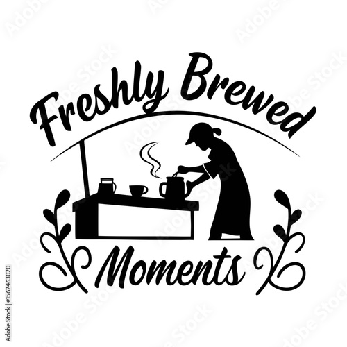 Freshly brewed moments coffee shop illustration in black and white