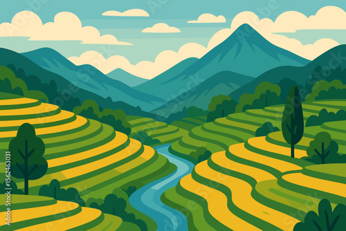Rice terraces mountain landscape vector. Scenic Asian rice fields, terraced hills, flowing river, lush green trees, dramatic mountains, clouds. Agriculture, nature, rural countryside illustration