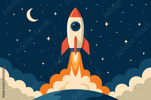 Retro Space Rocket Launching Into Starry Night Sky, Cartoon Vector Illustration of Spaceship Taking Off From Earth, Space Exploration Adventure, Modern Flat Design, Astronomy Concept Art