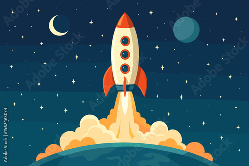 Retro space rocket launch taking off from Earth into starry night sky, cartoon vector illustration. Spaceship blasting off, adventure, exploration, science, technology, modern flat style design