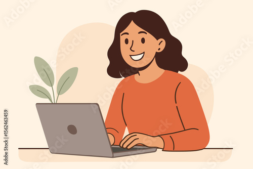 Modern flat vector illustration of woman working remotely on laptop at home office desk. Female freelancer or student typing on computer, casual workspace, productivity, digital lifestyle concept