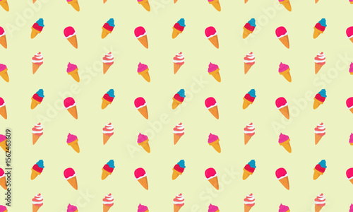 Wallpaper Mural Seamless vector pattern of ice cream in a waffle cone on a yellow background. Torontodigital.ca