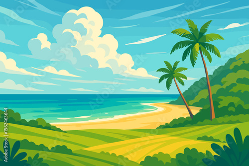 Tropical paradise beach landscape with palm trees, lush green meadows, rolling hills, blue ocean, sandy shore, vibrant sky, Southeast Asia coast, modern flat vector cartoon illustration