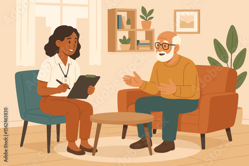Social worker talking to senior man during home visit. Female caregiver providing support and counseling for an elderly patient. Geriatric healthcare and mental health concept.