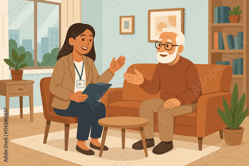 Social worker visiting senior man at home. Female caregiver providing support and assistance to an elderly patient. Geriatric healthcare consultation. Home care, therapy session.