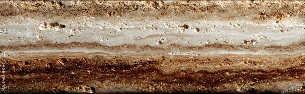 Obraz premium Travertine stone slab with horizontal beige and amber bands and fine porous texture