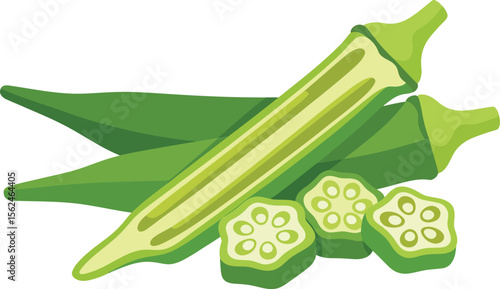 Fresh Okra Illustration with Sliced Pieces a Delightful Depiction of this Nutritious Vegetable Perfect for Culinary and Healthy Food Projects Vector illustration