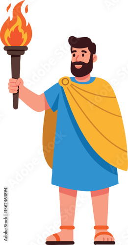 Ancient man holding flaming torch wearing blue tunic and yellow cloak vector illustration 