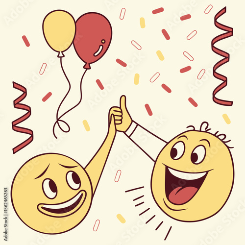 Two Happy Emojis High Five Balloons Confetti Celebration Yellow Red emoticon emoticons 1