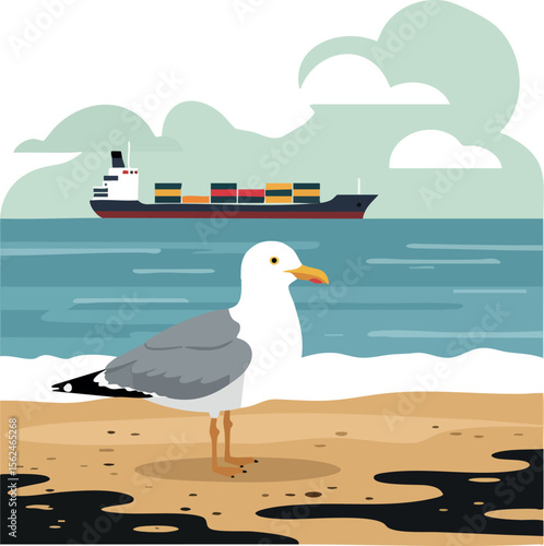 Seagull on sandy beach with cargo ship in sea vector illustration natural scene 