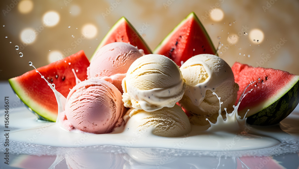 Fototapeta premium A dreamy, warm-lit, cinematic photo of three to four generously sized Delicious ice cream scoops in soft pink and creamy white hues, playfully splashing and swirling in a pool of cold, white milk