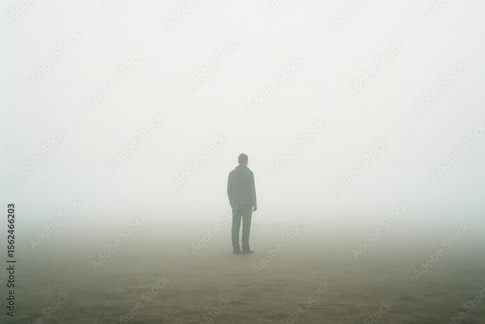 Fototapeta premium Lonely Man Standing in Thick Fog on Empty Field