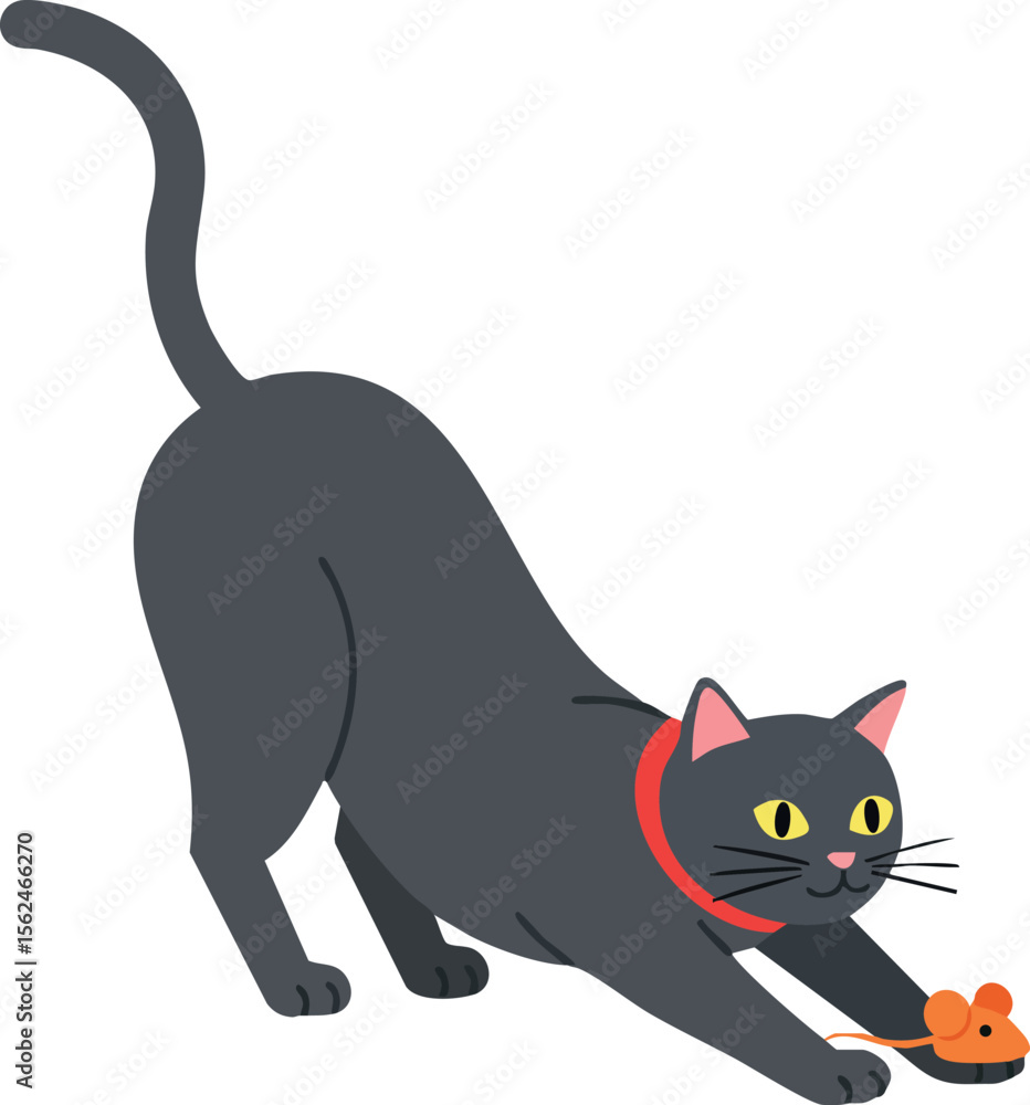 Obraz premium Black cat playing with orange mouse toy vector illustration in playful pose 
