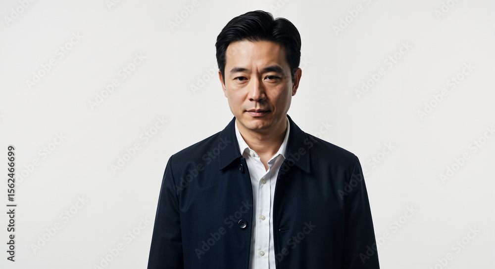 Portrait of a serious Asian businessman in a modern suit standing against a plain white background studio shot Portrait of a serious Asian businessman in a modern suit standing against a plain white background studio shot