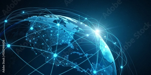 Global Network Connections Illuminated Earth, Global Connectivity, Network Infrastructure