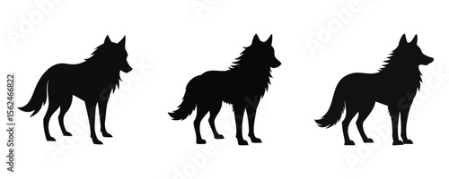 Silhouettes of three foxes in different poses, featuring bushy tails and pointed ears. The black-and-white design highlights elegance and simplicity