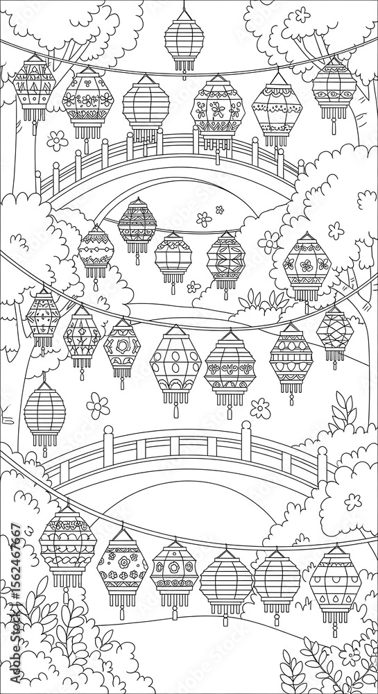 Fototapeta premium Decorative asian lanterns hanging from wires over bridges and trees isolated on transparent background