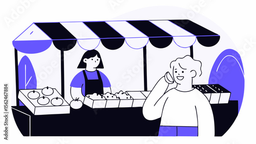 Vector Illustration Showing Person Interacting with Shop Stall Vendor