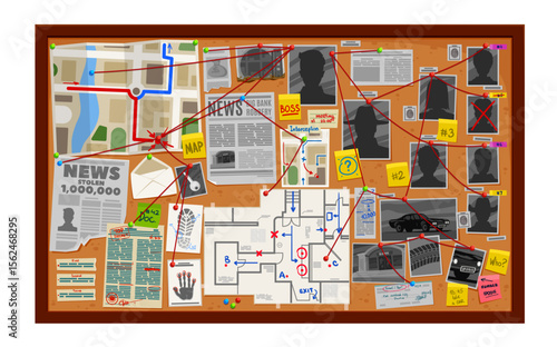 Detective board, investigate wall with map and photo, newspaper and pinboard, vector crime investigation, police office interior. Cartoon detective pin board with evidences, clues, red strings
