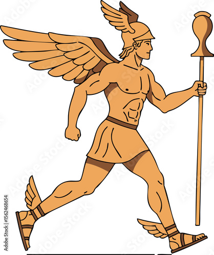 Winged Greek God Hermes Running with Staff Vector Illustration in Ancient Style 