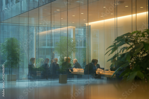 Glass wall with two overlapping meeting room reflections