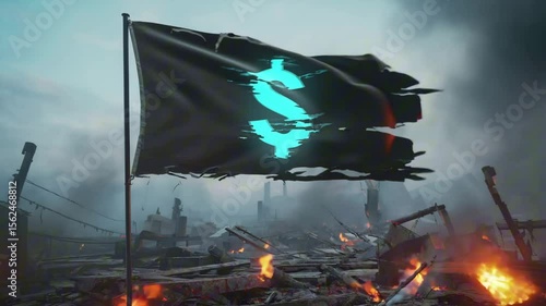 A tattered black flag featuring a glowing blue $ sign flutters in slow motion above a war-torn battlefield, smoke and ash in the air, cinematic war drama loop
