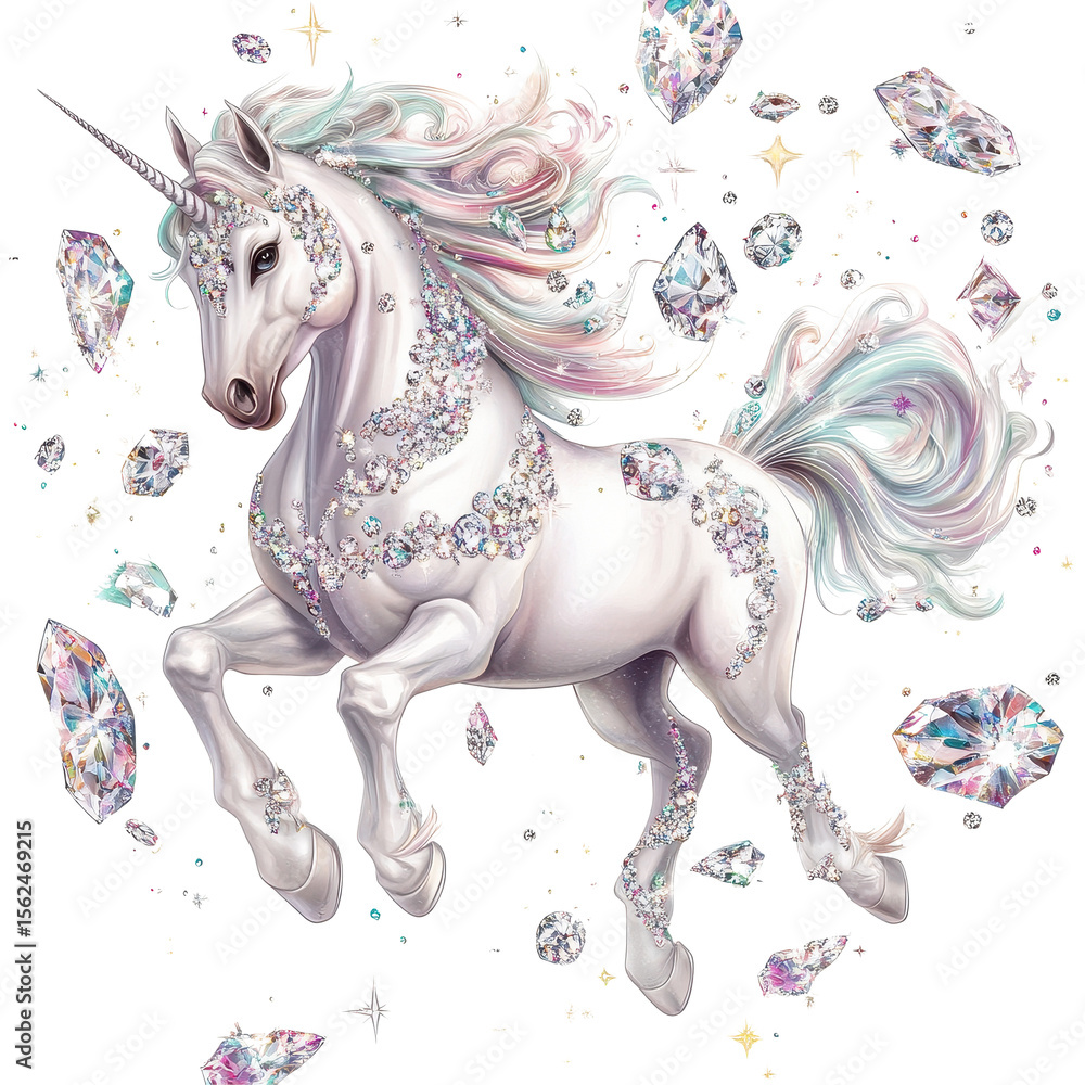 Fototapeta premium Majestic unicorn adorned with diamonds surrounded by glittering gems in a magical setting, unicorn with diamonds, is surrounded by other Transparent background