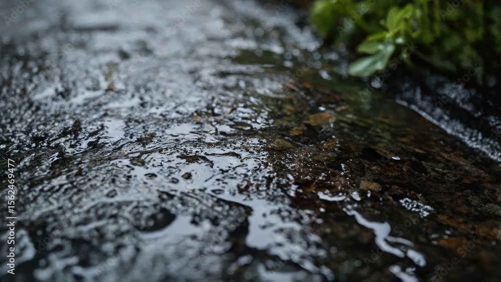 Fototapeta premium Tranquil stream flowing over rocks beside lush greenery in nature