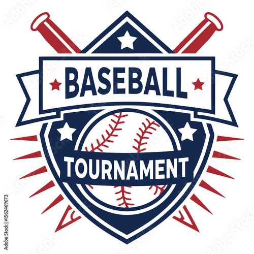 Baseball Tournament Logo with Bats, Ball, Stars, and Banner Themed Design for a Sporty and Competitive Event Vector Illustration