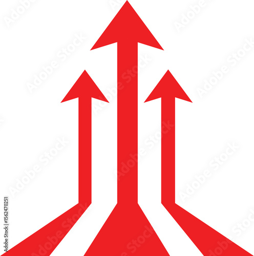 three converging red arrows pointing upwards isolated on white background.