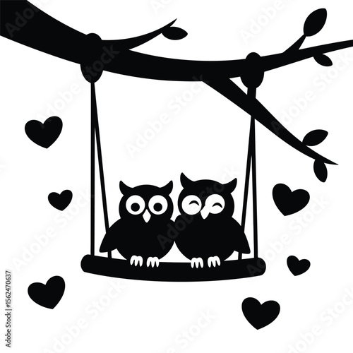 A delightful black-and-white illustration of two owls sitting closely on a swing, surrounded by hearts. This whimsical design captures a sense of love and companionship, making it perfect for children