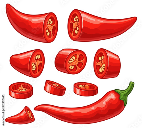 Whole and Sliced Red Hot Chili Peppers vector illustration isolated