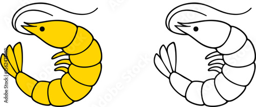 Vibrant Shrimp Illustrated for Coloring: A Black and White Outline Version Alongside a Colorful Rendered Example to Inspire Creativity and Fun