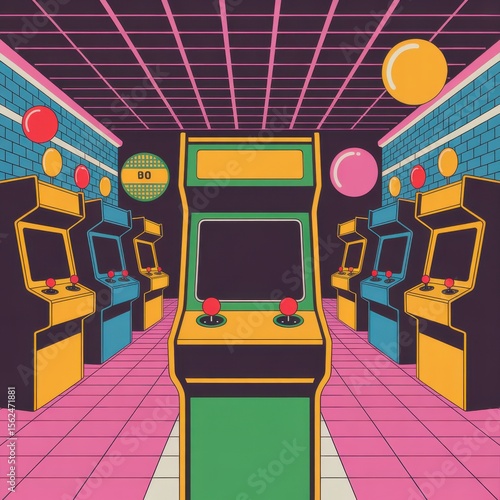 Retro arcade with rows of classic video game cabinets and colorful glowing balloons
